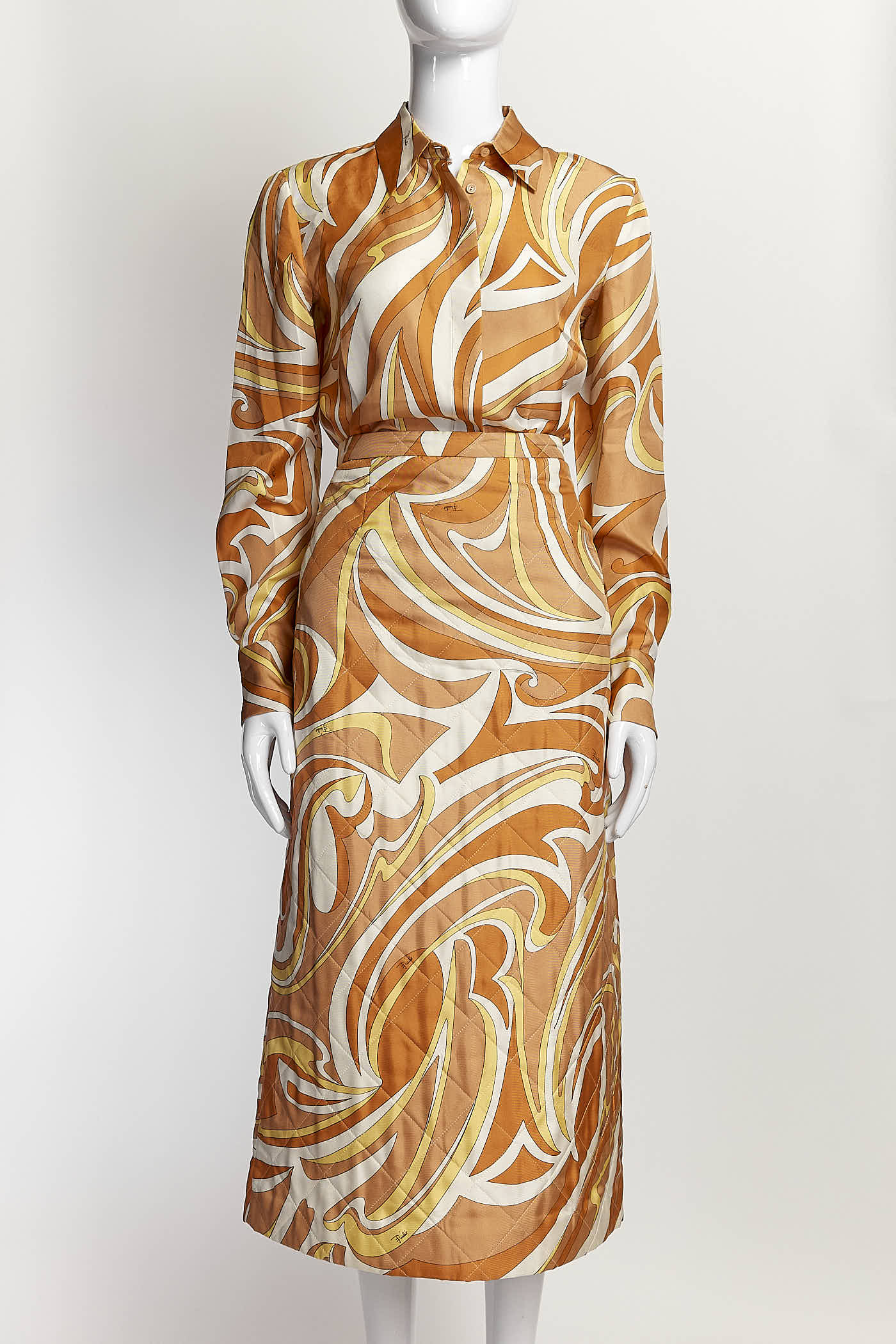 Emilio Pucci Orange Pattern Silk Shirt/Skirt Set IT42