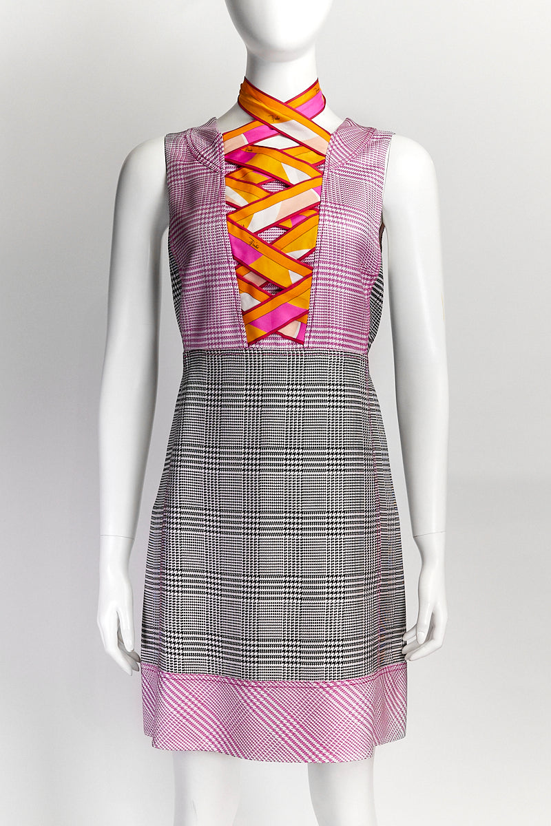 Emilio Pucci Pink Houndstooth Lace Tie Mini Dress IT42