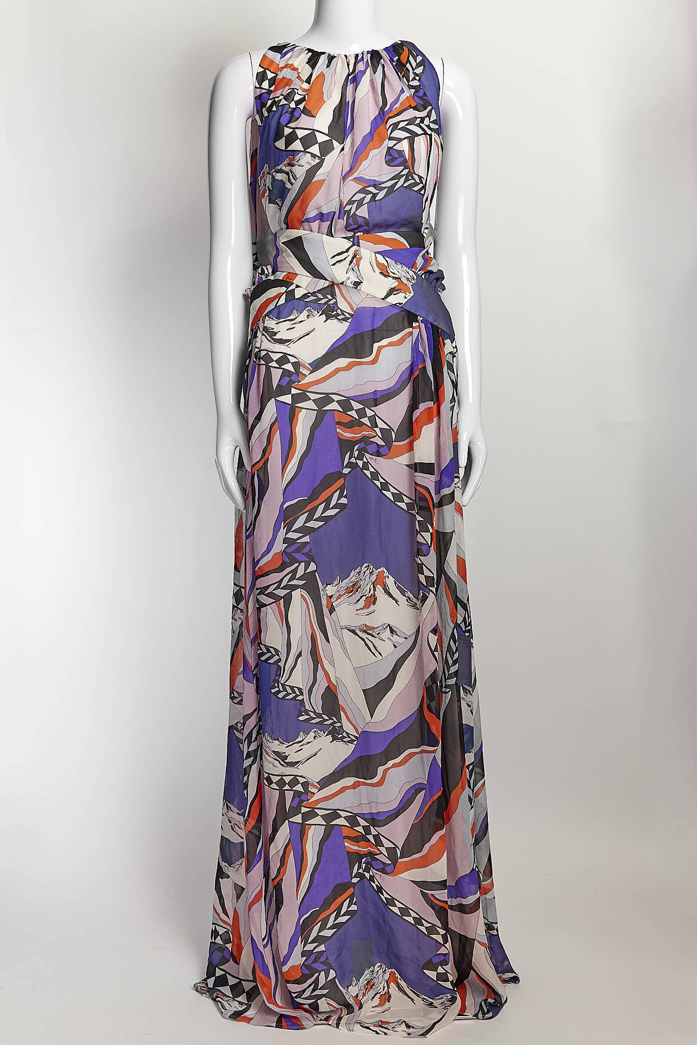 Emilio Pucci Purple Silk Patterned Open Back Gown 46