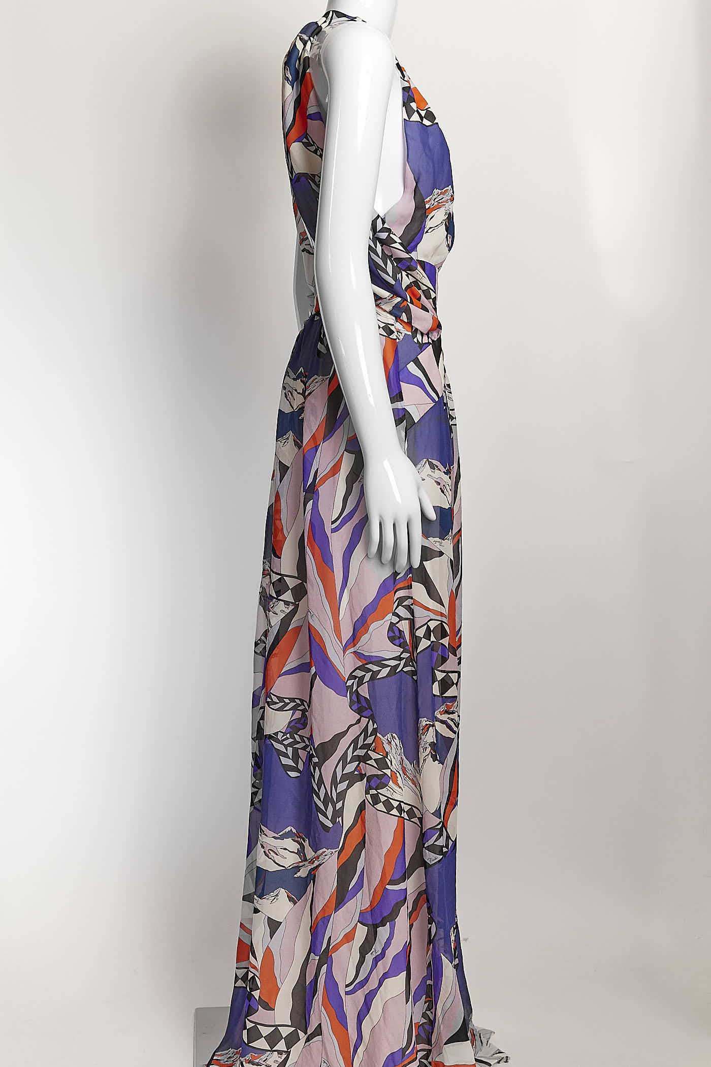 Emilio Pucci Purple Silk Patterned Open Back Gown 46
