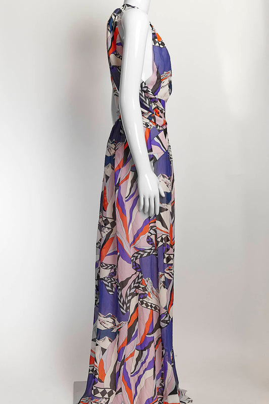 Emilio Pucci Purple Silk Patterned Open Back Gown 46