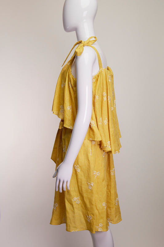 Erdem Yellow Emmbroidered Linen Mini Dress US6