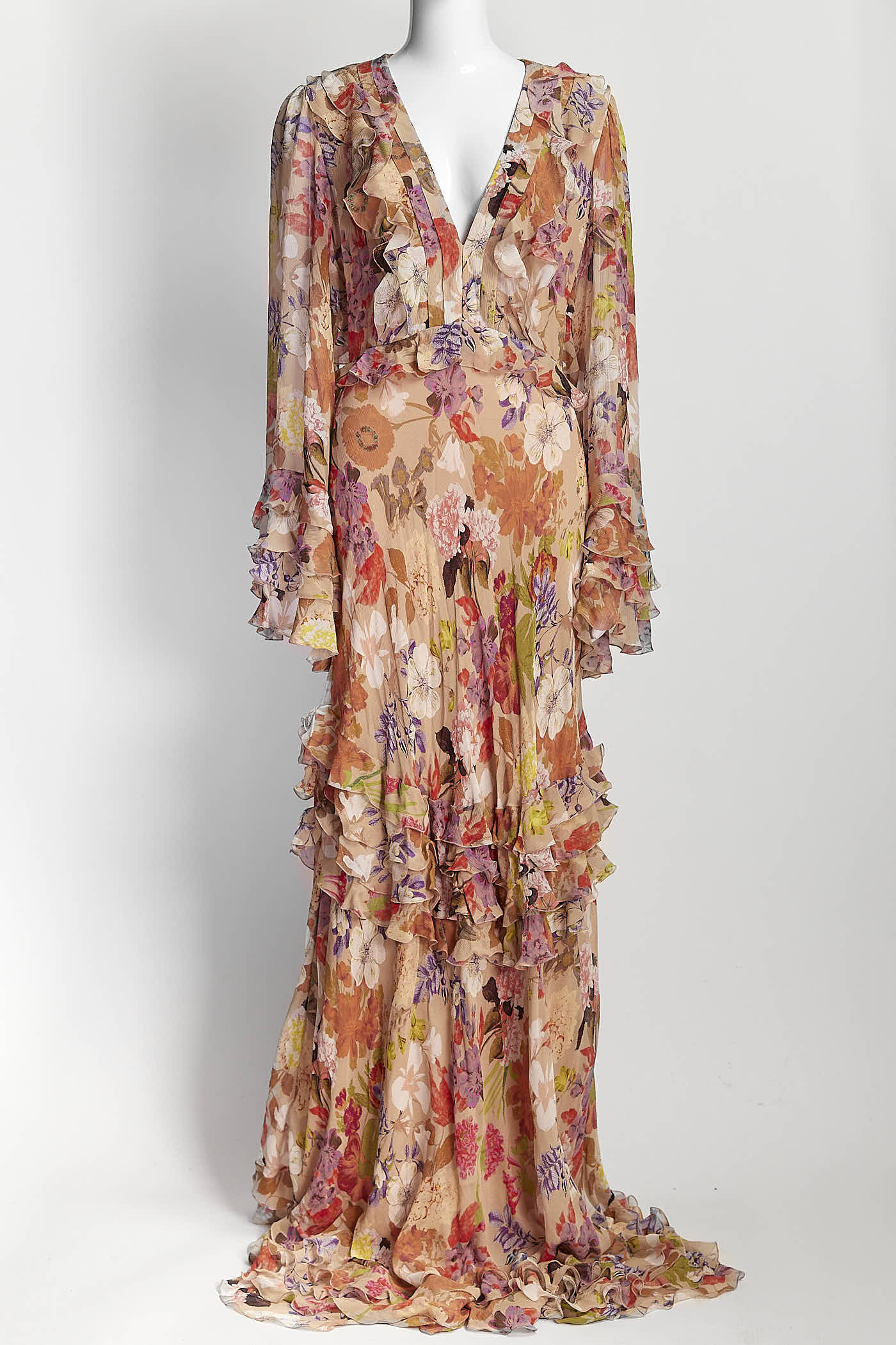 Etro Floral-Print Ruffle Open-Back Gown 44