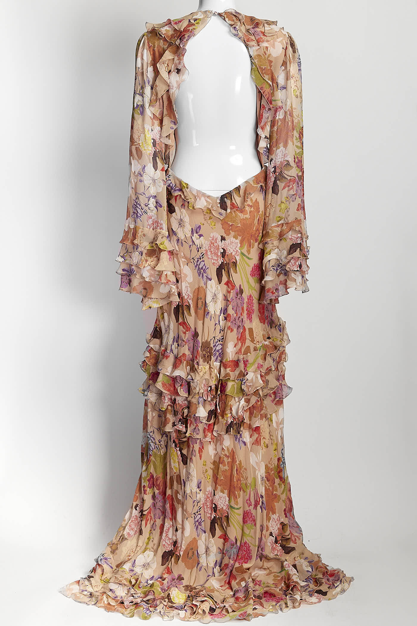 Etro Floral-Print Ruffle Open-Back Gown 44