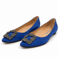 MANOLO BLAHNIK HANGISIFLAT BLUE SATIN WITH JEWEL BUCKLE - 37.5