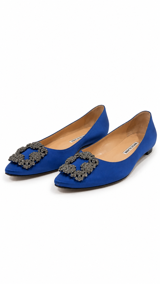 MANOLO BLAHNIK HANGISIFLAT BLUE SATIN WITH JEWEL BUCKLE - 37.5