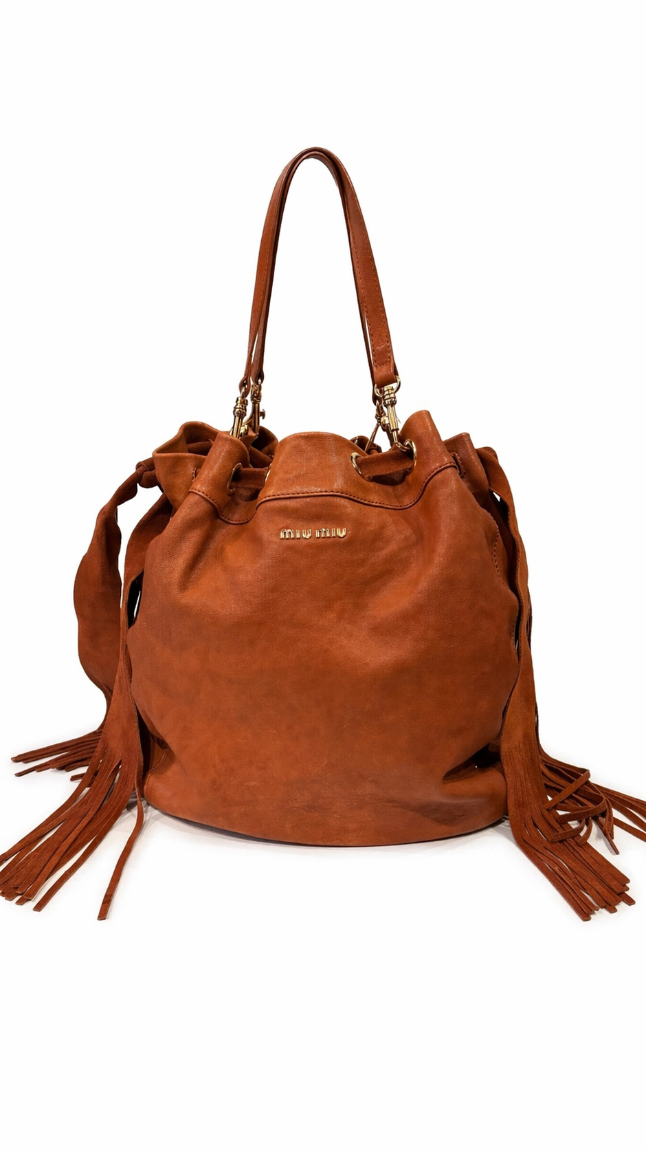 MIU MIU BROWN LEATHER BAG WITH FRINGE DETAILS