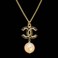 CHANEL GOLD TONED BLACK 'CC" FAUX PEARL DROP NECKLACE