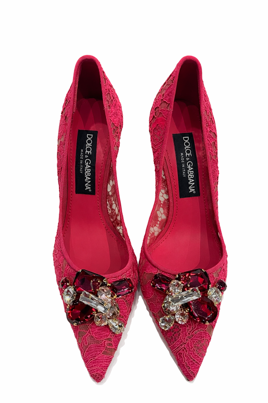 DOLCE AND GABBANA RAINBOW LACE PUMPS WITH CRYSTAL EMBELLISHMENT