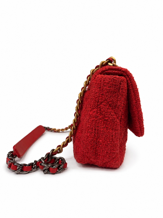 CHANEL RED QUILTED TWEED MEDIUM 19 FLAP BAG