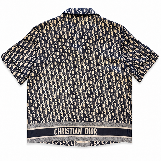 DIOR CHEZ MOI BLUE OBLIQUE SILK SHORT SLEEVED SHIRT - SIZE 4