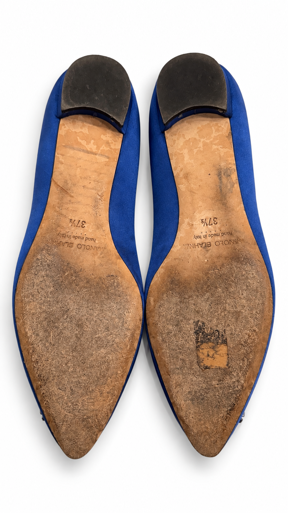 MANOLO BLAHNIK HANGISIFLAT BLUE SATIN WITH JEWEL BUCKLE - 37.5