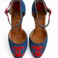 CHANEL BLUE DENIM CORK HEELS WITH LEATHER LOGO - SIZE 39.5
