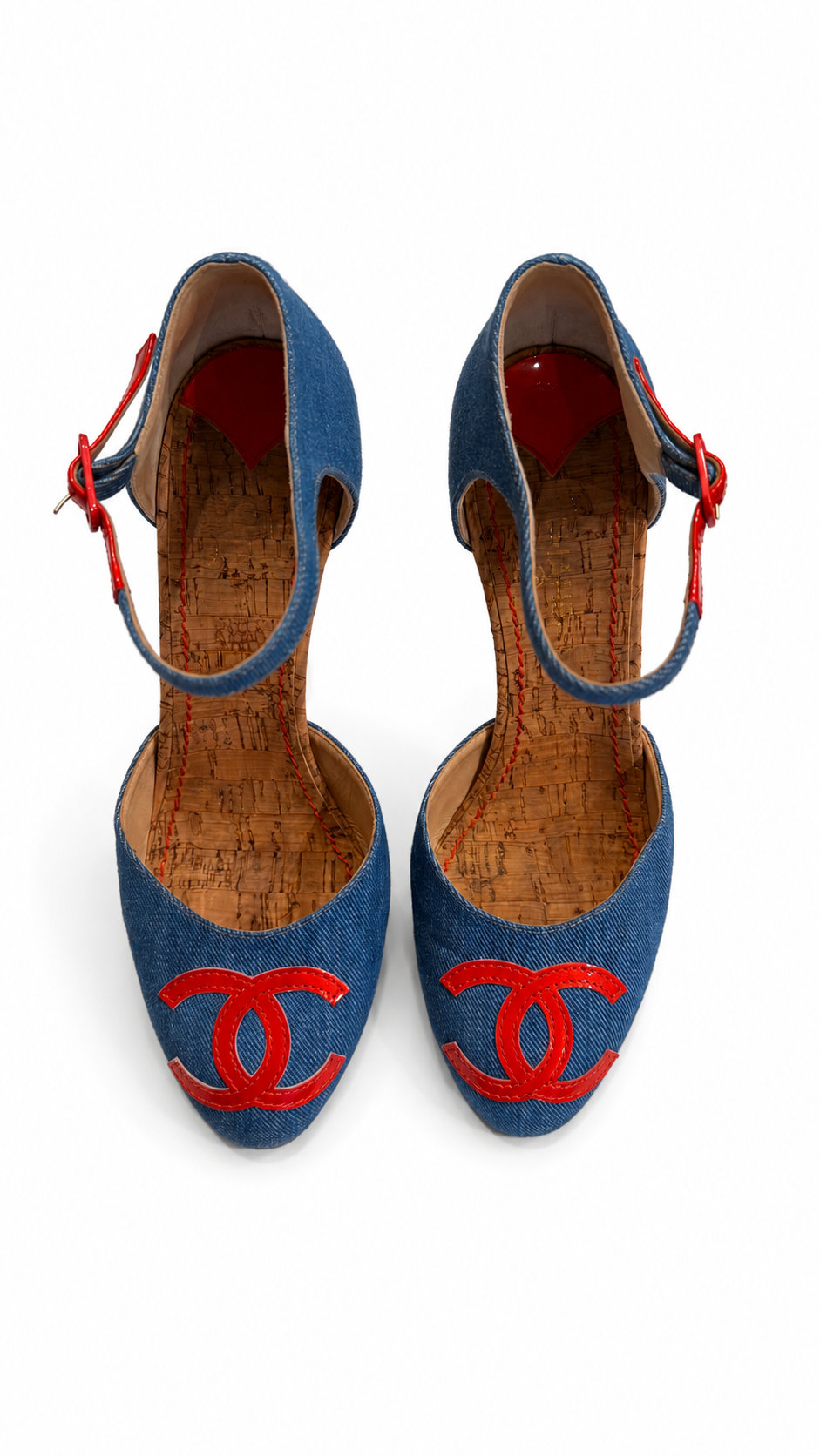 CHANEL BLUE DENIM CORK HEELS WITH LEATHER LOGO - SIZE 39.5
