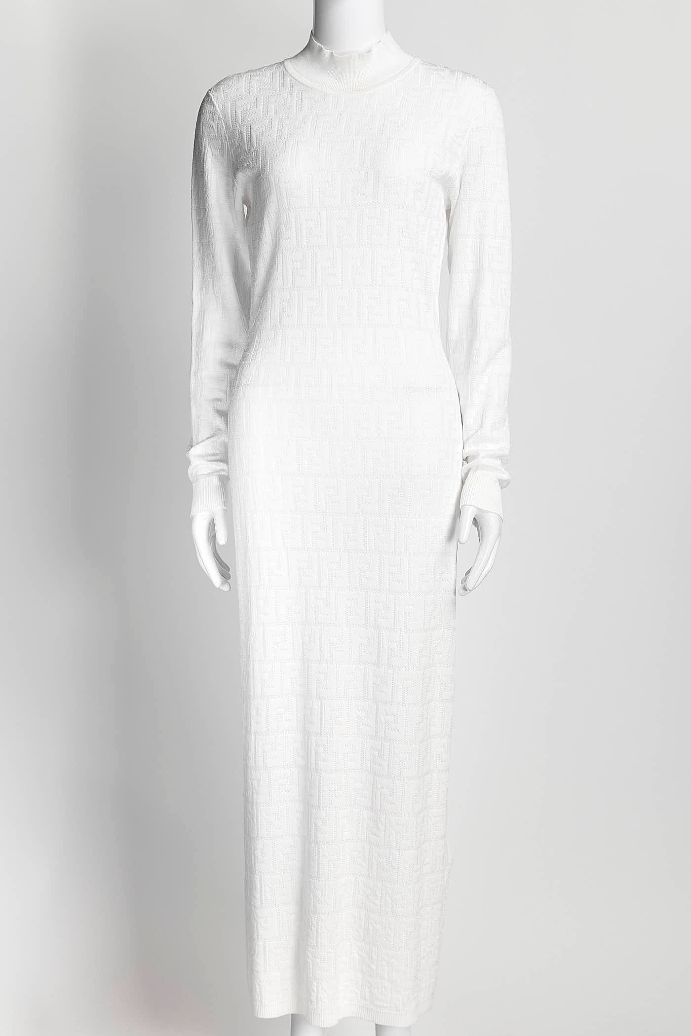 Fendi Logo White Kint Long Dress 44