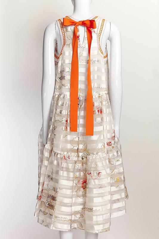 Fendi Striped Dress with Floral Printed Orange Neck Tie IT38