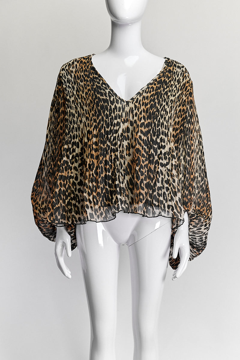 Ganni Pleated Georgette Leopard Top IT 40