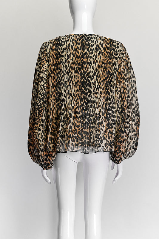 Ganni Pleated Georgette Leopard Top IT 40