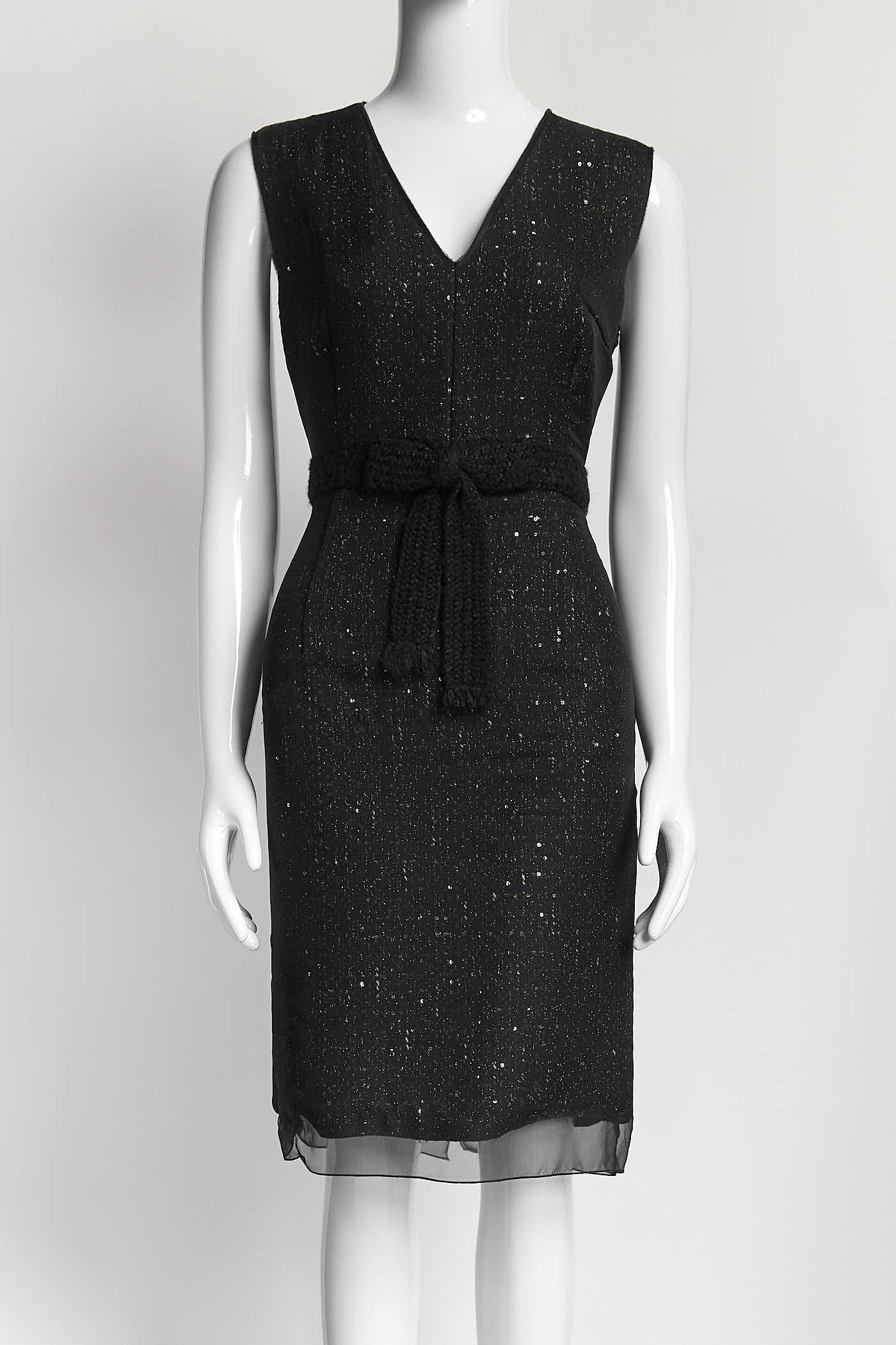 Giambattista Valli Black V-Neck Sequin with Bow Belt  Sleeveless Dress