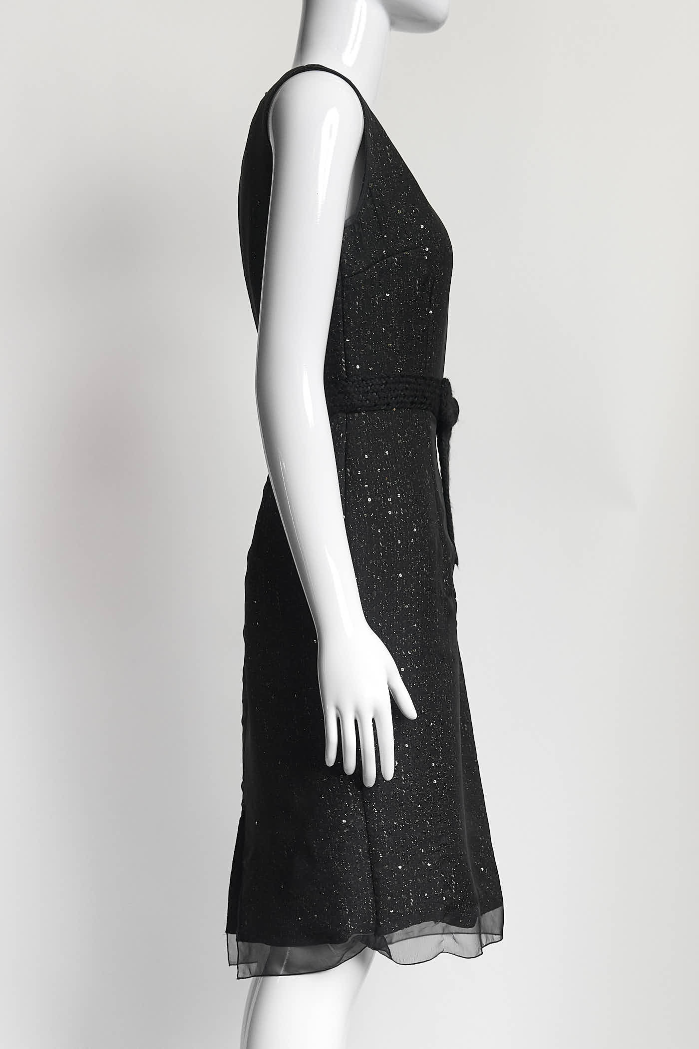 Giambattista Valli Black V-Neck Sequin with Bow Belt  Sleeveless Dress