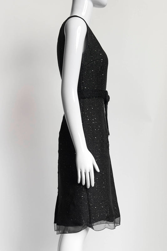 Giambattista Valli Black V-Neck Sequin with Bow Belt  Sleeveless Dress