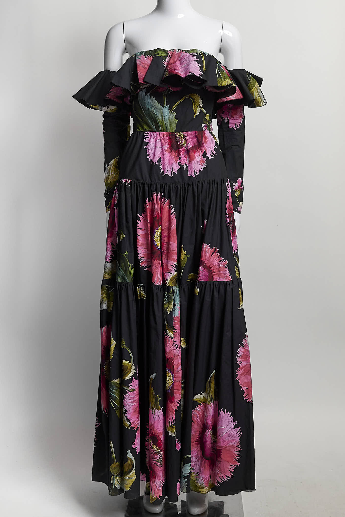 Giambattista Valli Off Shoulder Black with Pink Floral Patterned Dress 42
