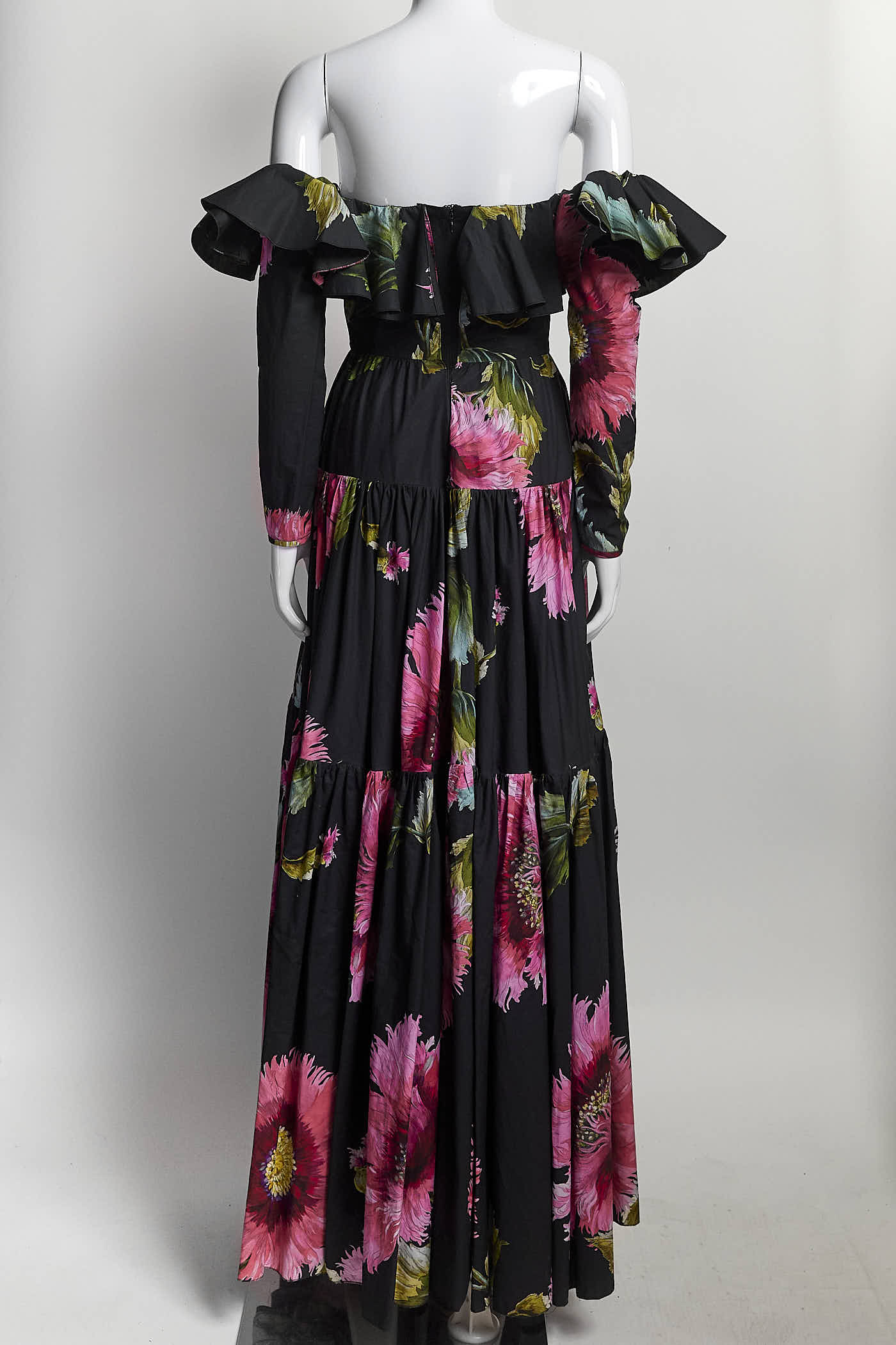 Giambattista Valli Off Shoulder Black with Pink Floral Patterned Dress 42