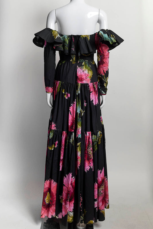 Giambattista Valli Off Shoulder Black with Pink Floral Patterned Dress 42