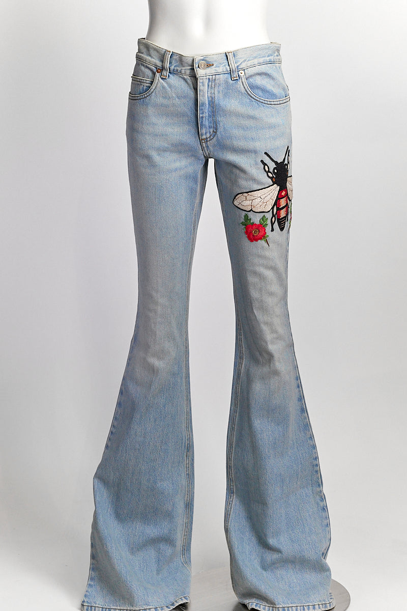 Gucci Bee Embroidered Flared Jeans 25