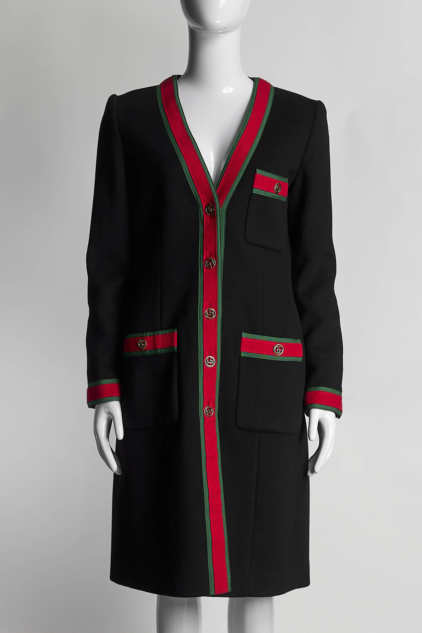 Gucci Black Button Up Coat Dress with Green/Red Striped Detail 38