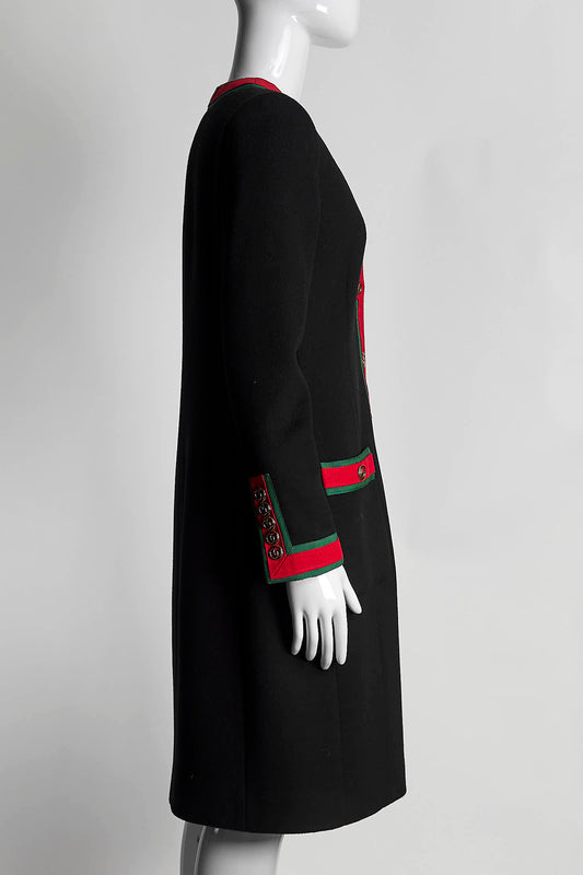 Gucci Black Button Up Coat Dress with Green/Red Striped Detail 38