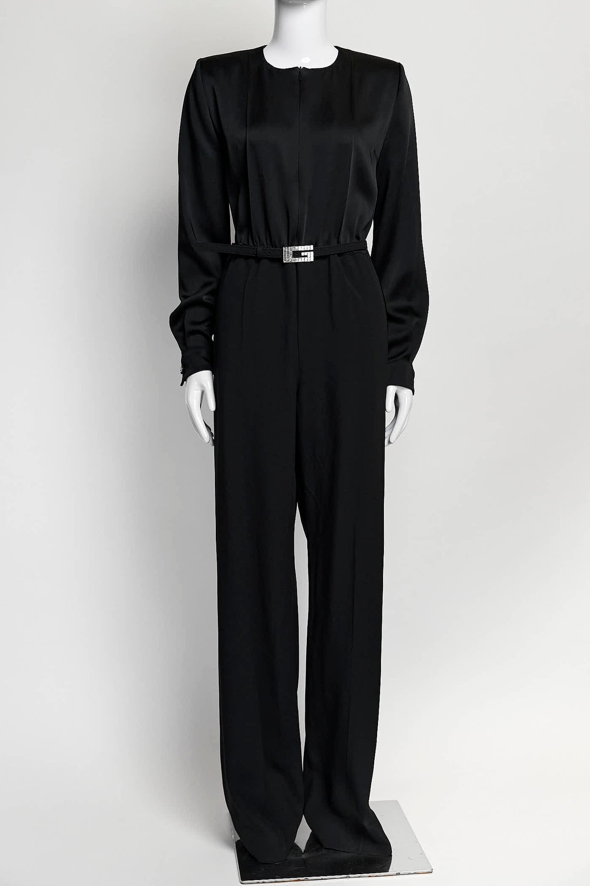 Gucci Black Longsleeve Jumpsuit with Crystal Logo Belt 38