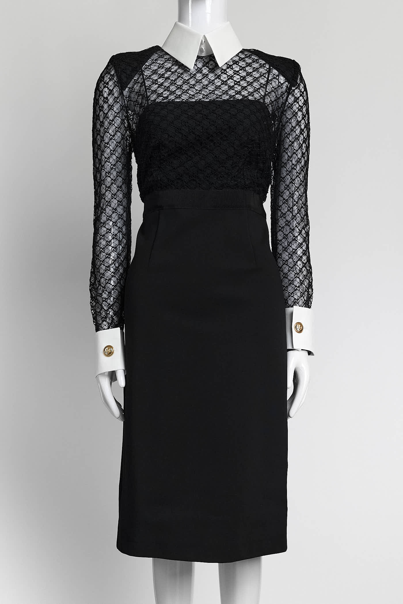 Gucci Black Monogram Lace Dress with Cuff Detail  M