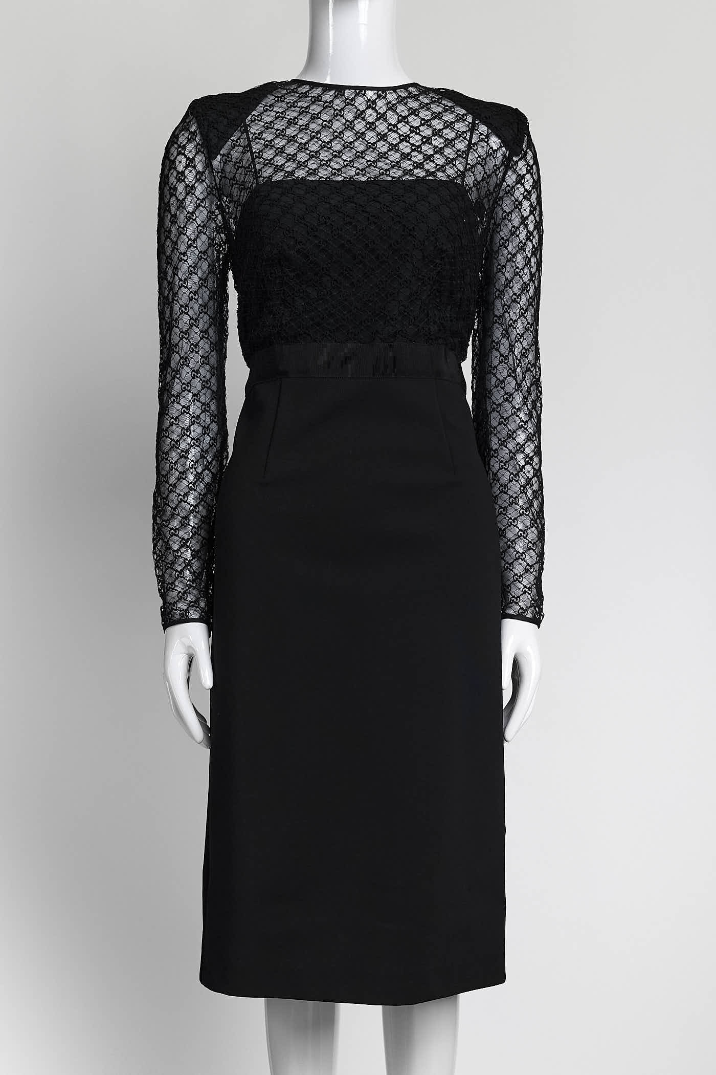 Gucci Black Monogram Lace Dress with Cuff Detail  M