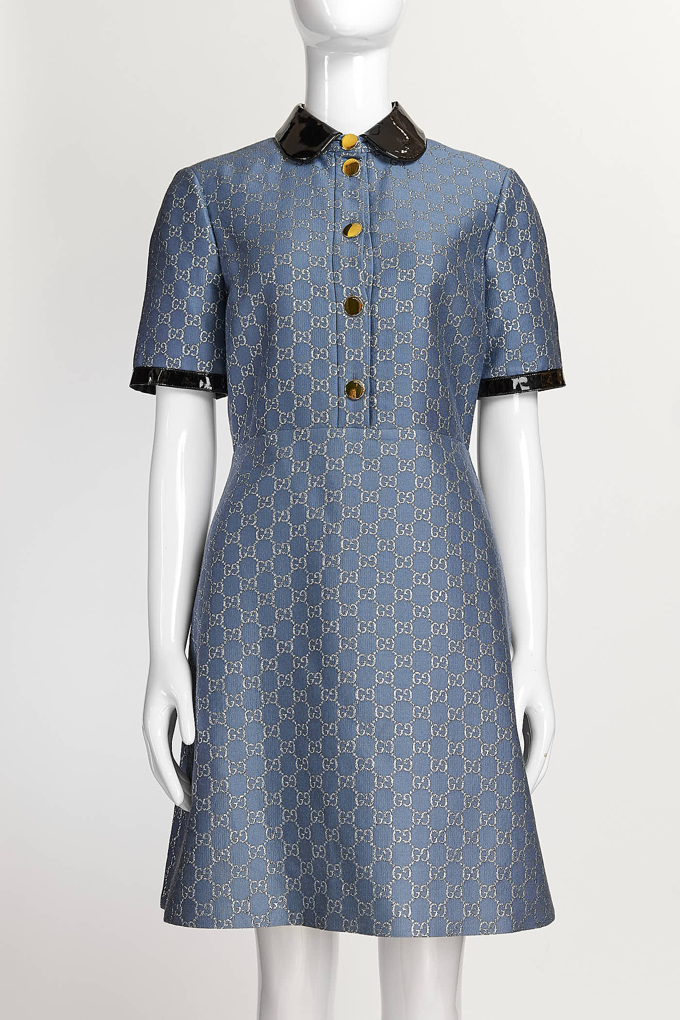 Gucci Blue/Silver Monogram Printed Dress with Vinyl Black Collar 40
