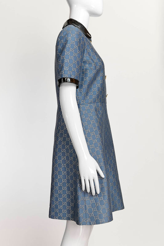 Gucci Blue/Silver Monogram Printed Dress with Vinyl Black Collar 40
