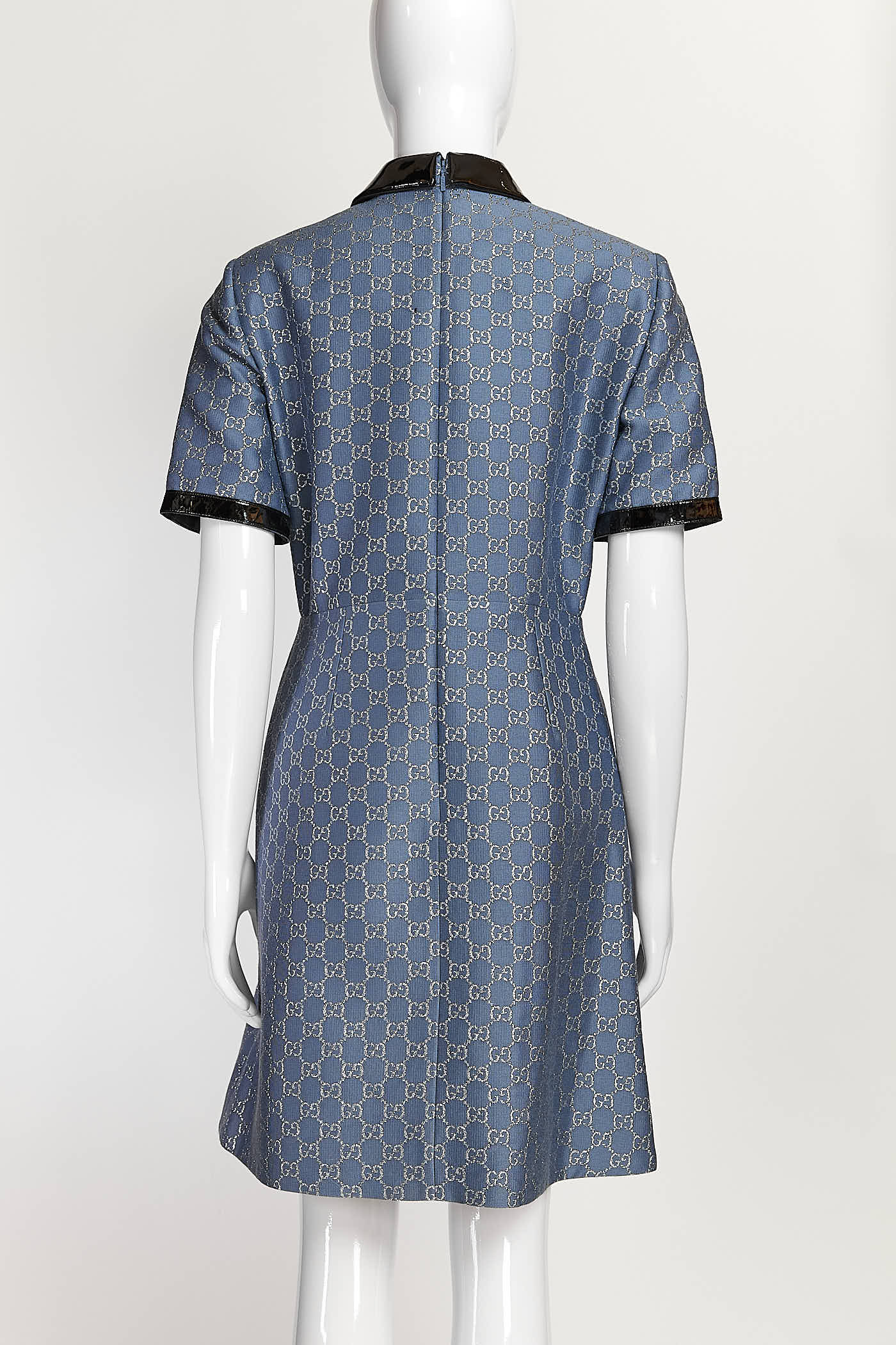 Gucci Blue/Silver Monogram Printed Dress with Vinyl Black Collar 40