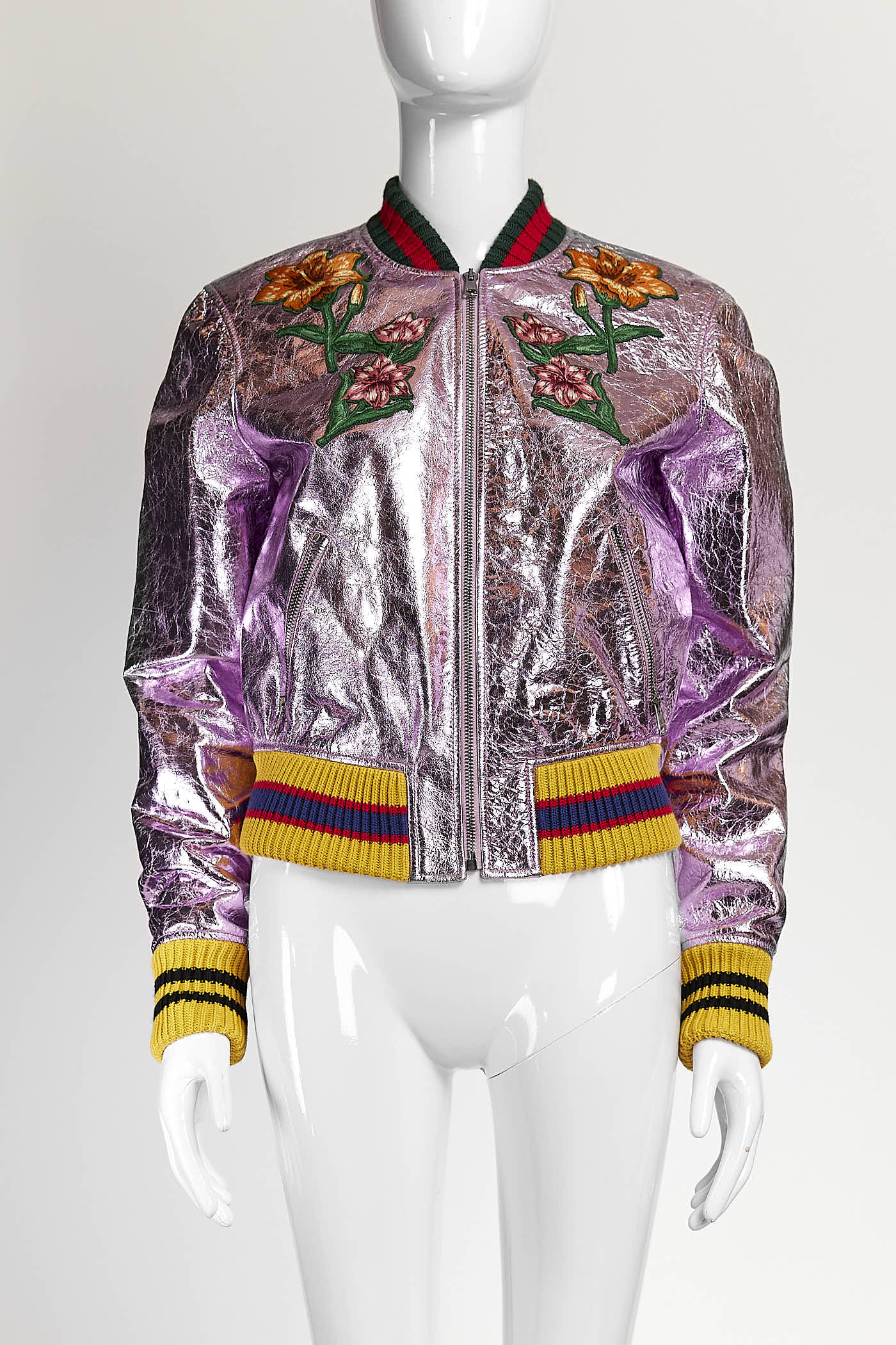 Gucci Embroidered Metallic Leather Bomber Jacket 42