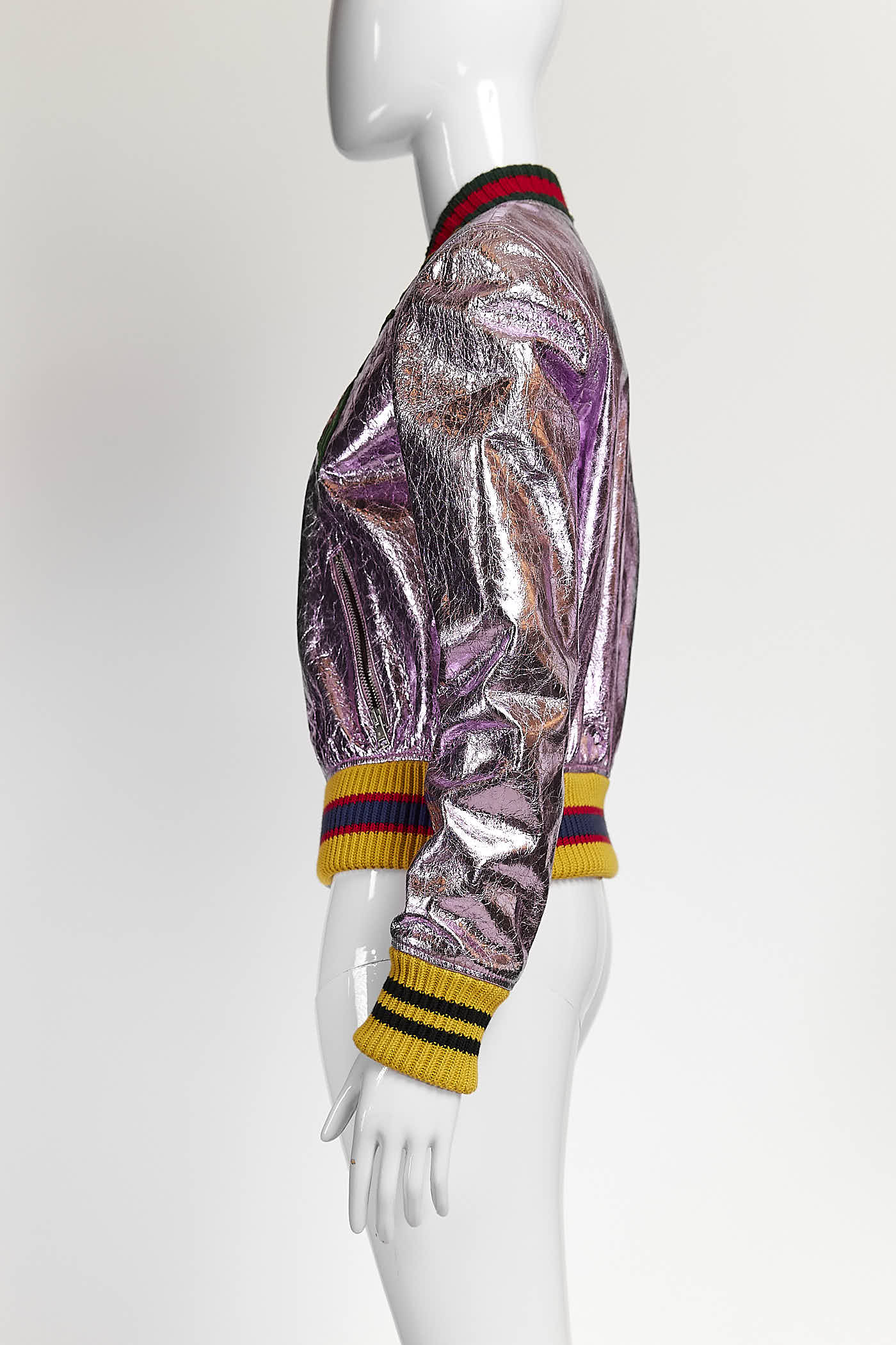 Gucci Embroidered Metallic Leather Bomber Jacket 42