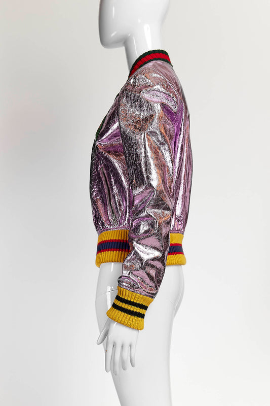 Gucci Embroidered Metallic Leather Bomber Jacket 42