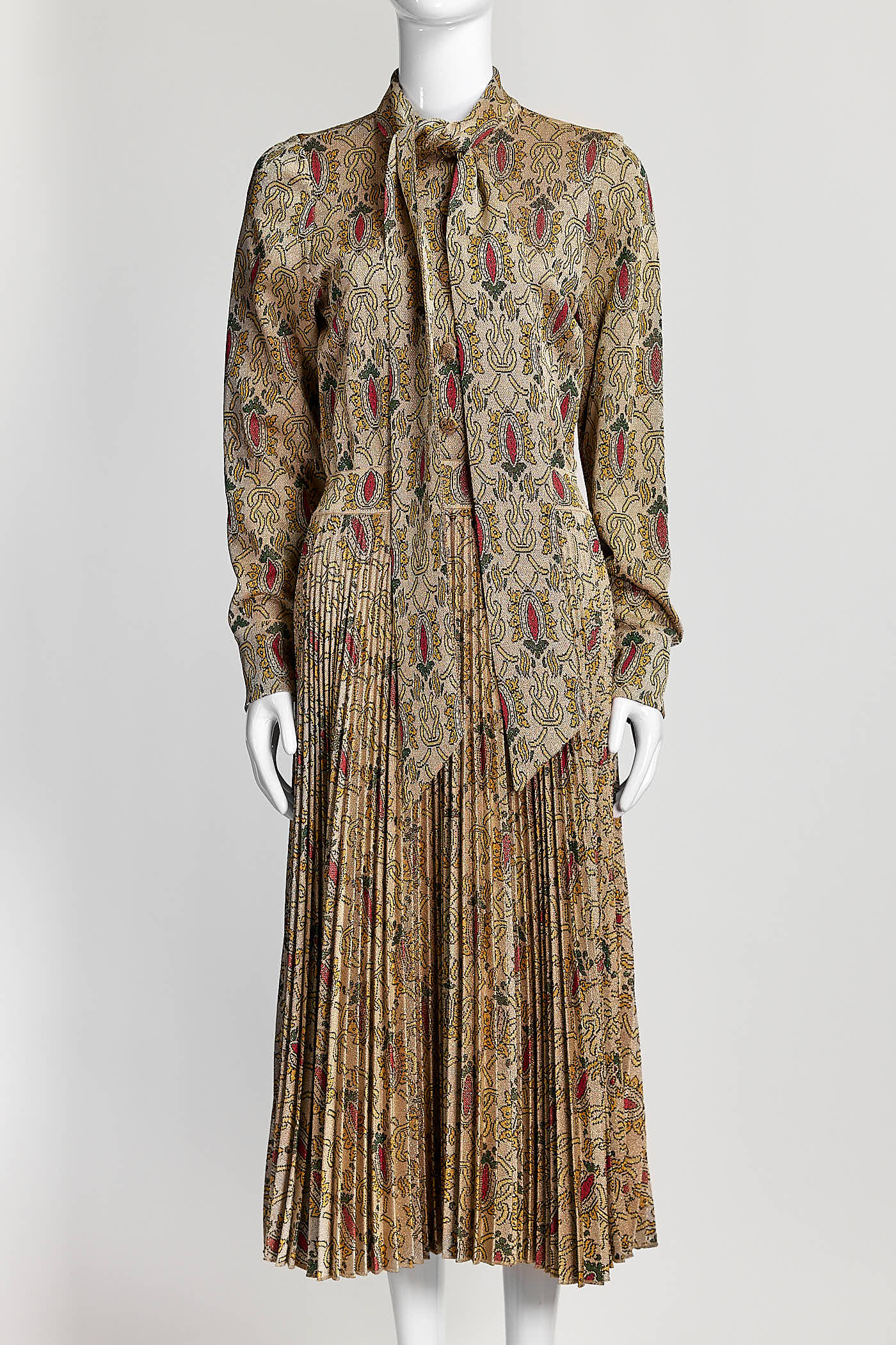 Gucci Gold Metallic Patterned Pleated Dress with Tie M