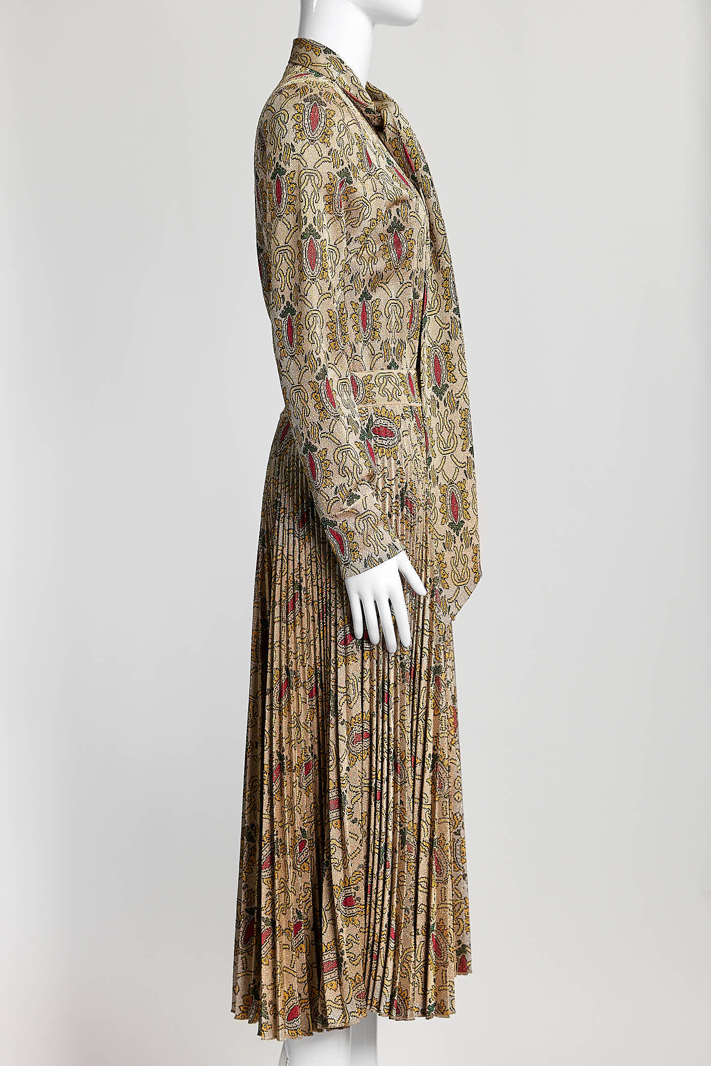 Gucci Gold Metallic Patterned Pleated Dress with Tie M