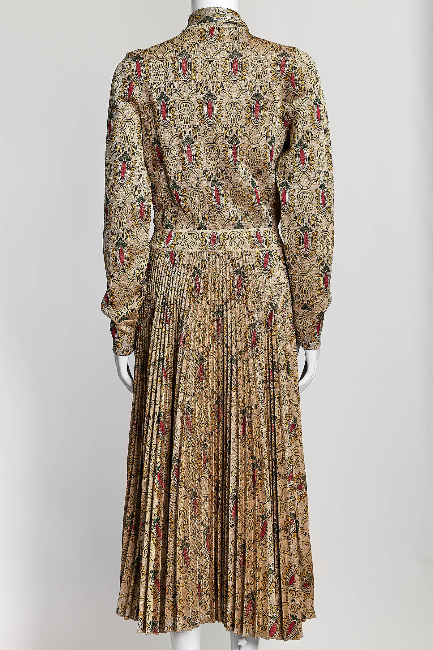 Gucci Gold Metallic Patterned Pleated Dress with Tie M