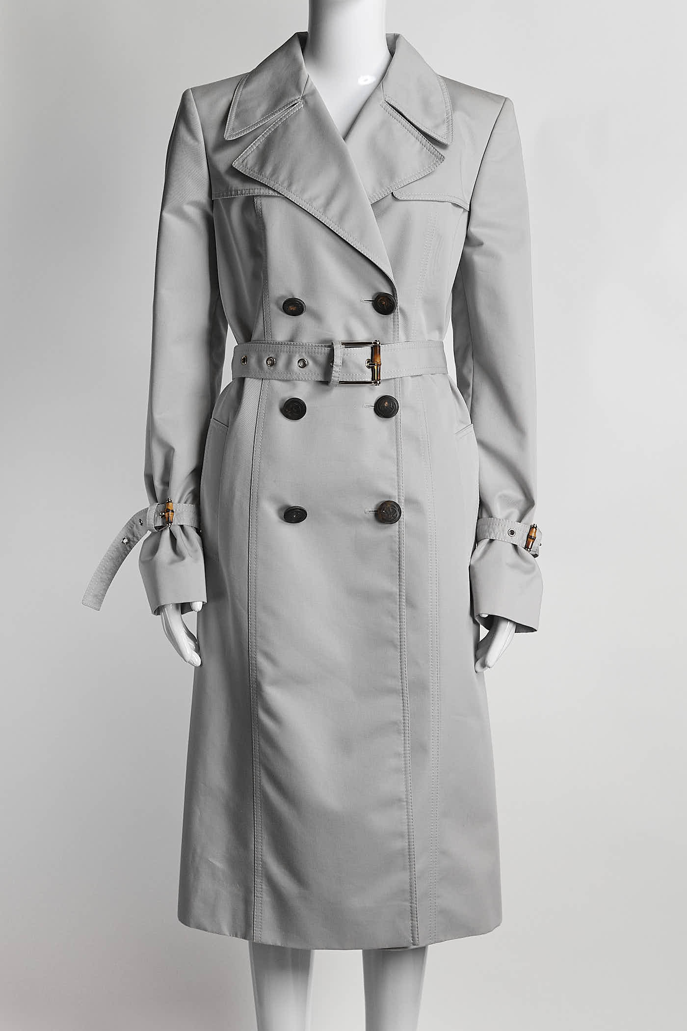 Gucci Grey Trench Coat with Bamboo Buckles on Sleeves 44