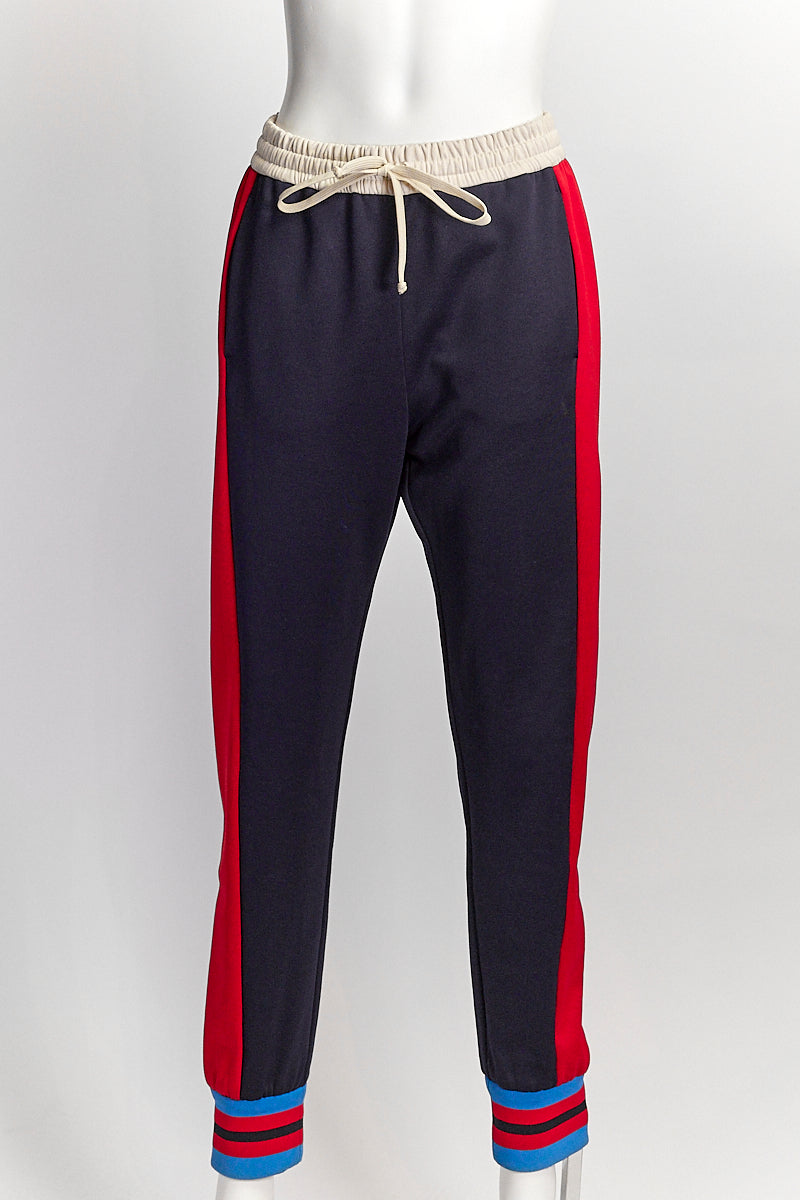 Gucci Navy Drawstring Pants with Red Stripe/Ribbed Hem M