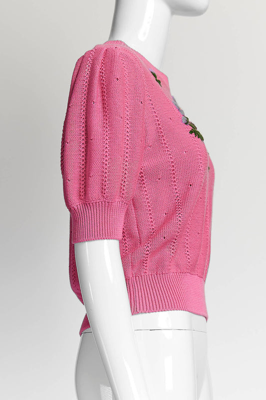 Gucci Pink Floral Embroidered Knit Sweater S