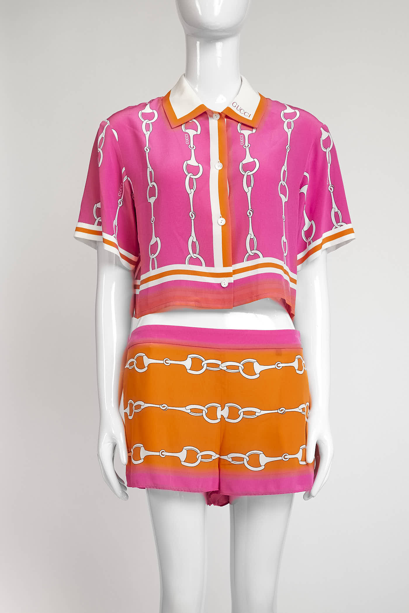 Gucci Pink Horesebit-Print Silk Top/Short/Wrap Skirt Set 40