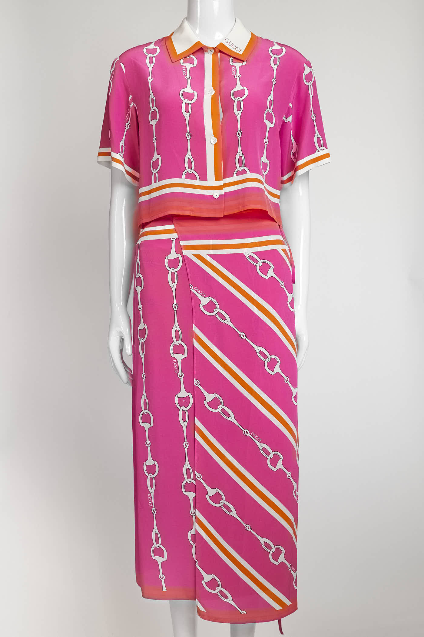 Gucci Pink Horesebit-Print Silk Top/Short/Wrap Skirt Set 40