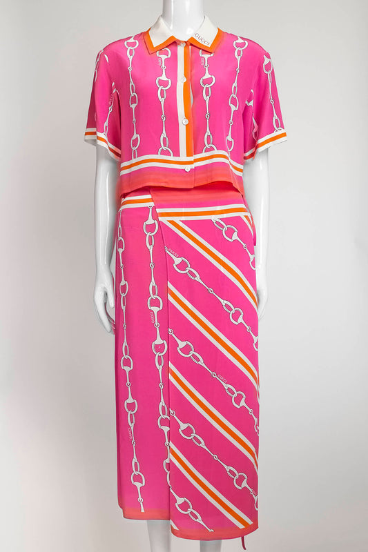 Gucci Pink Horesebit-Print Silk Top/Short/Wrap Skirt Set 40