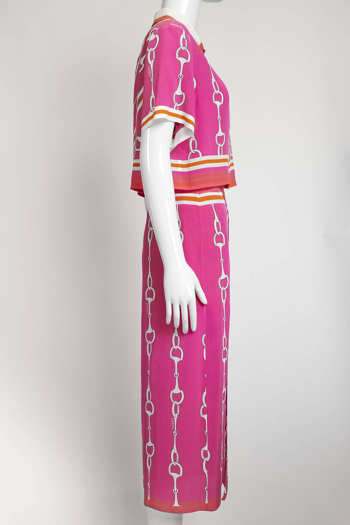 Gucci Pink Horesebit-Print Silk Top/Short/Wrap Skirt Set 40